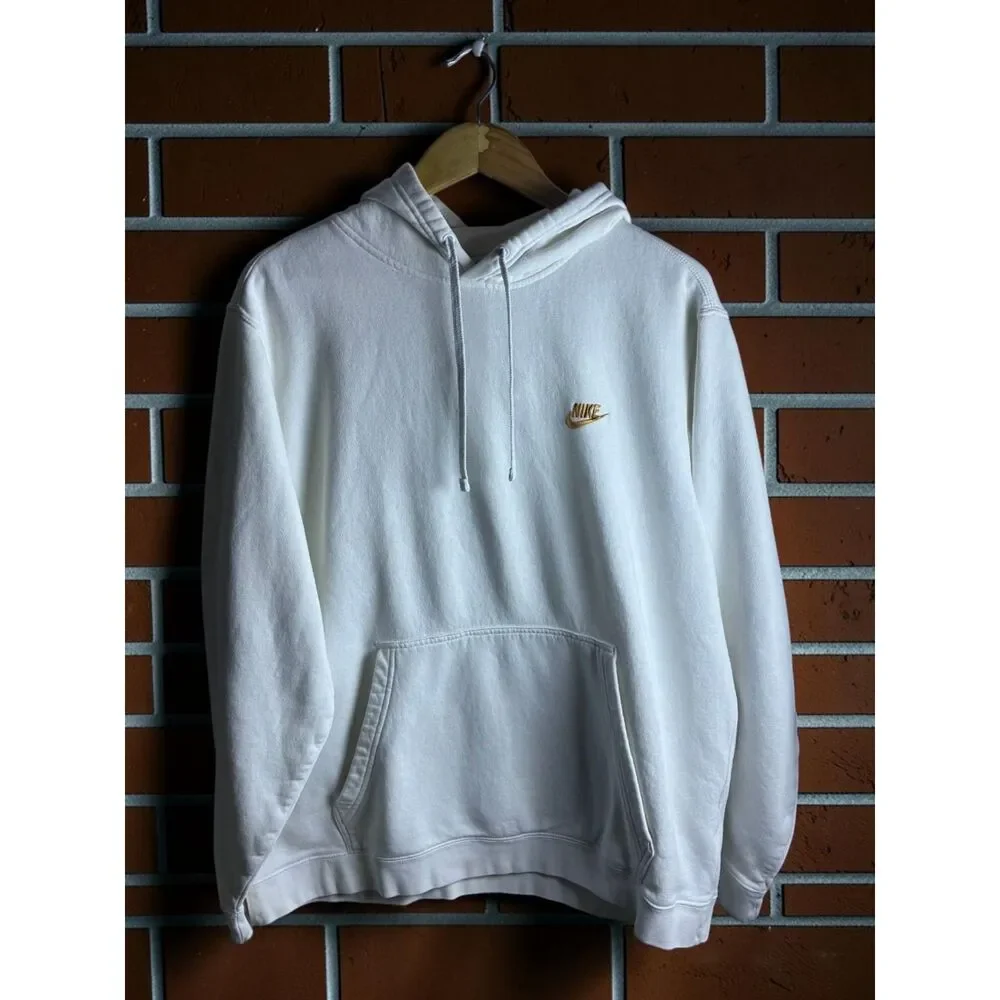 Nike Hoodie White Gold Embroidered Swoosh Pullover Sweatshirt Men's XXL